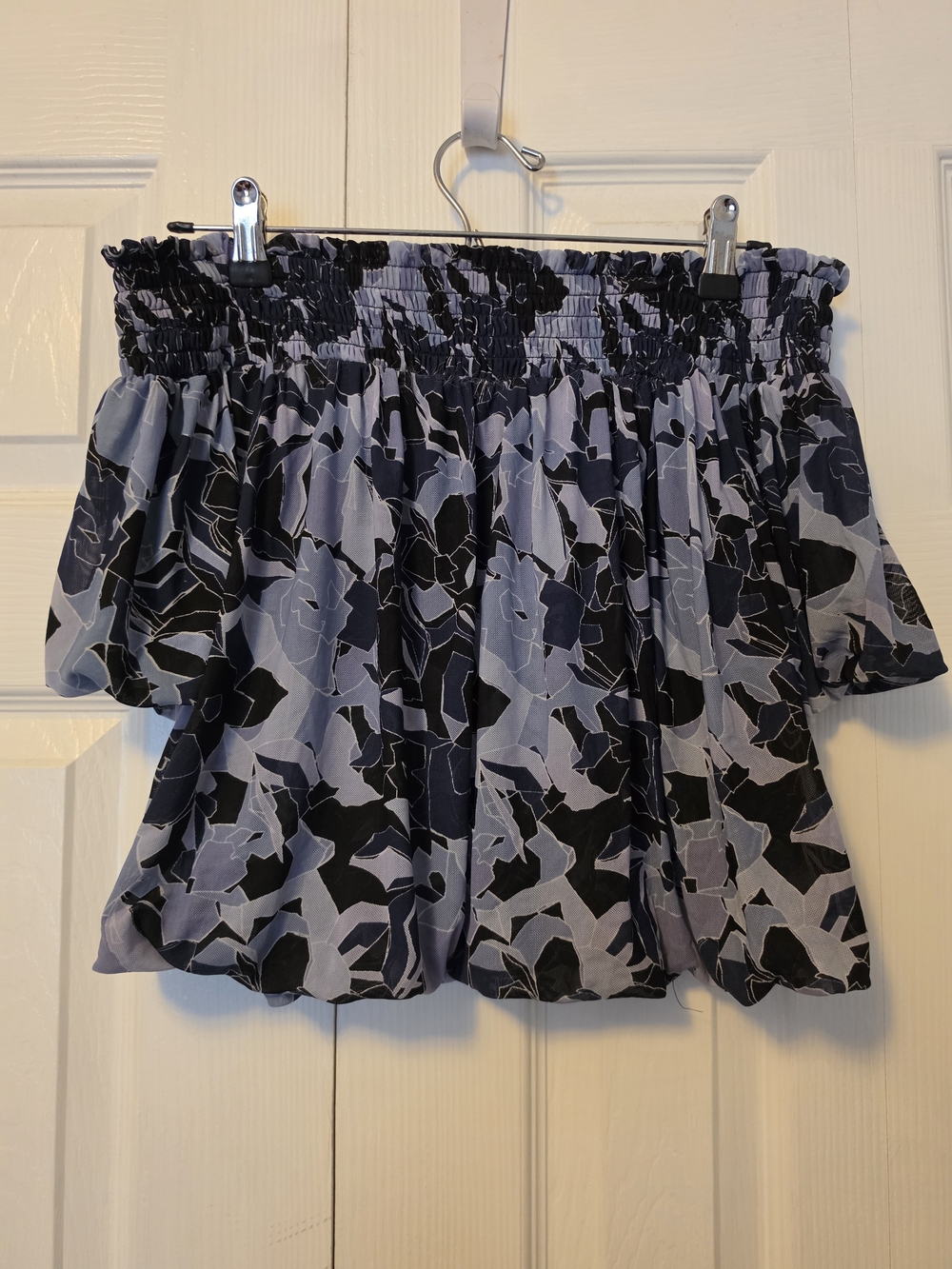 Free People Black and Light Blue Smocked Floral Blouse